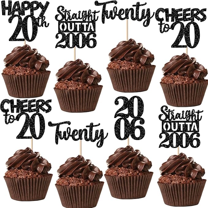 30PCS Black 20th Birthday Cupcake Toppers Glitter Twenty Happy 20th Straight Outta 2006 Cupcake Picks for Cheers to 20 Years Birthday Wedding Anniversary Party Cake Decorations Supplies