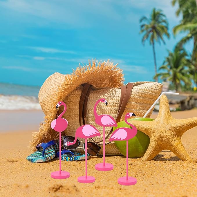 4Pcs Flamingo Wood Tall Standing Block Set Christmas Pink Flamingo Table Sign Tropical Bird Table Centerpieces Toppers for Home Office Desk Tier Tray Decor Party Supplies