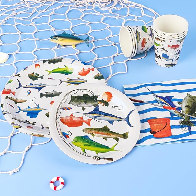 WERNNSAI 64PCS Fish Party Decorations - Gone Fishing Party Decorations Fishing Plates Napkins Cups Set for Boys Litter Fisherman Birthday Baby Shower Decorations