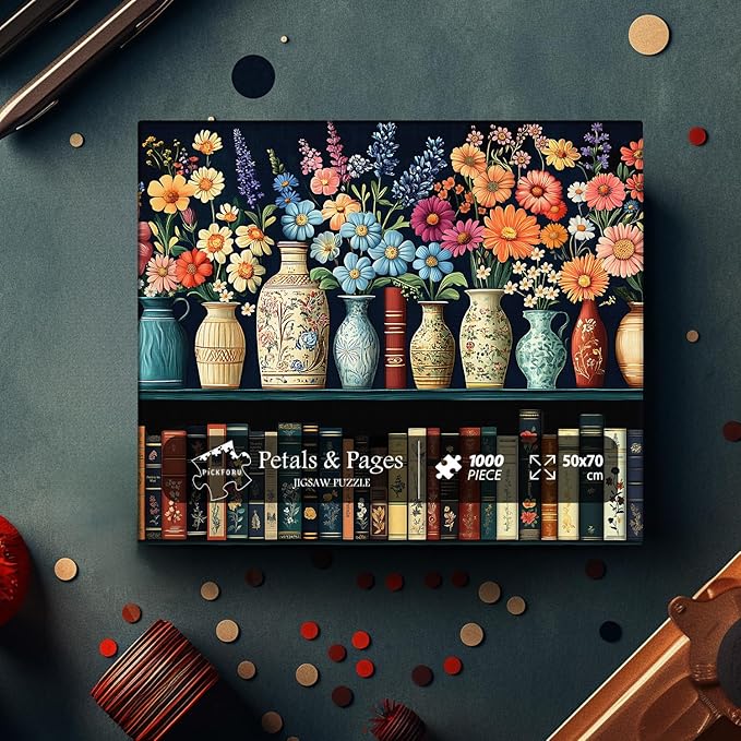Wildflower Puzzles for Adults 1000 Pieces, PICKFORU Vintage Flower Book Puzzle, Wildflower Pages Jigsaw Puzzle for Book Lover, Floral Art Bookshelf Library Puzzles