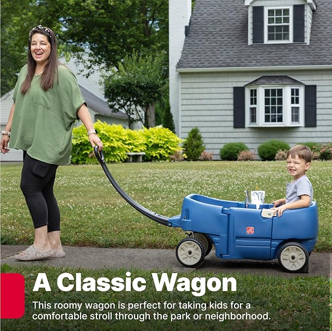 Step2 Wagon for Two Plus, Kids Ride On Toy, Stroller Substitute, Includes Seat Belts, Made of Durable Plastic, Max Weight 75 lbs., For Toddlers 1.5-5 Years Old, Denim Blue