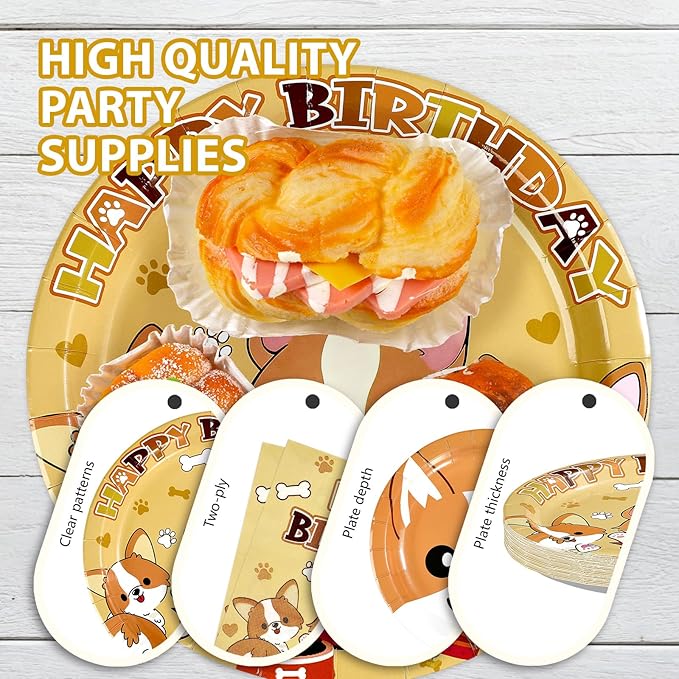 96Pcs Corgi Welsh Dog Birthday Party Decoration Cartoon Puppy Plates and Napkins Cute Corgi Themed Tableware Set for Kids Birthday Baby Shower Pets Dog Gotcha Day Party Supplies, Serves 24