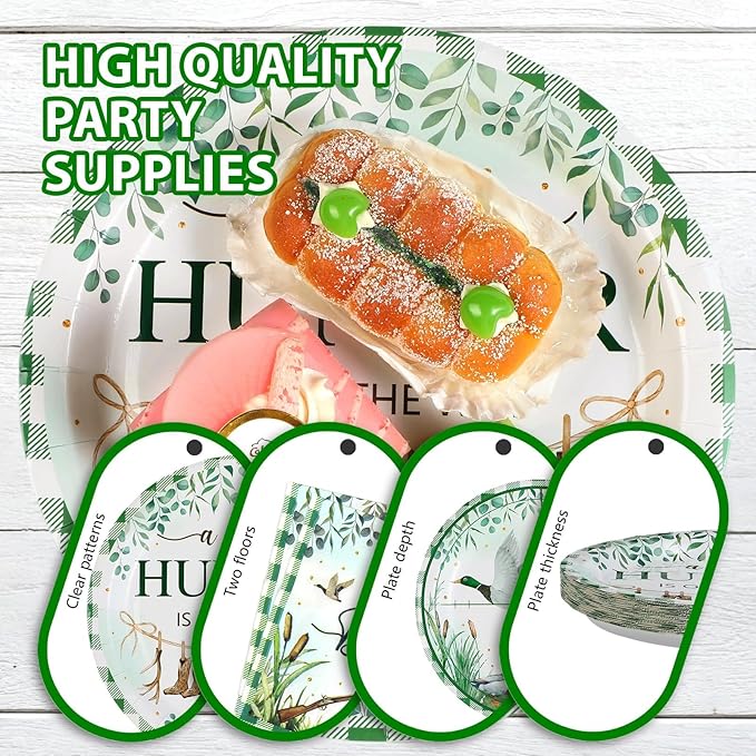 Grencian 96psc Mallard Duck Baby Shower Party Supplies A Little Hunter is on the Way Plates and Napkins Tableware Sets Hunting Party Decoration for Kids Birthday Baby Shower Serves 24
