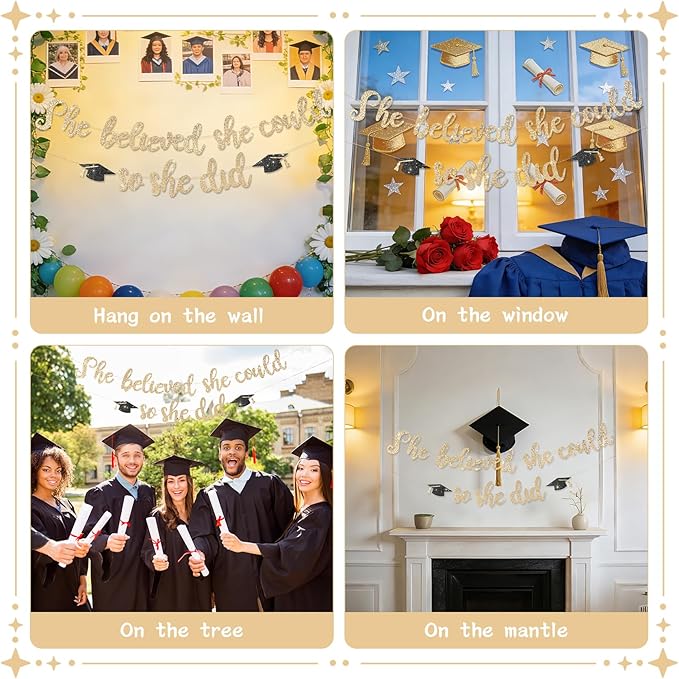 She Believed She Could So She Did Banner - Pre-Strung Glitter Graduation Decorations 2026 for Women Girls, Inspirational Grad Party Supplies, Class of 2026 College High School Masters PhD Decor (Champagne Gold)