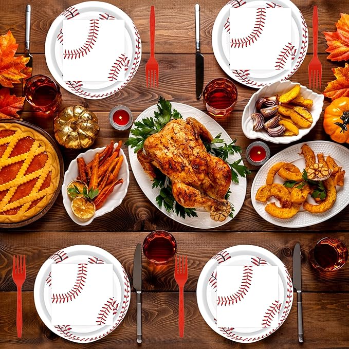 96 Pcs Baseball Paper Plates and Napkins Party Supplies, Baseball Party Plates Napkins and Forks Disposable Tableware Set for for Sports Theme Birthday Party Decorations Serves 24 (Baseball)
