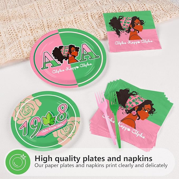 Grencian 96Pcs AKA Party Supplies AKA Plates and Napkins Disposable Hip Hop Style 1908 Pink Green Paper Tableware Set for Women Girls Sorority Birthday Party Decorations, Serves 24