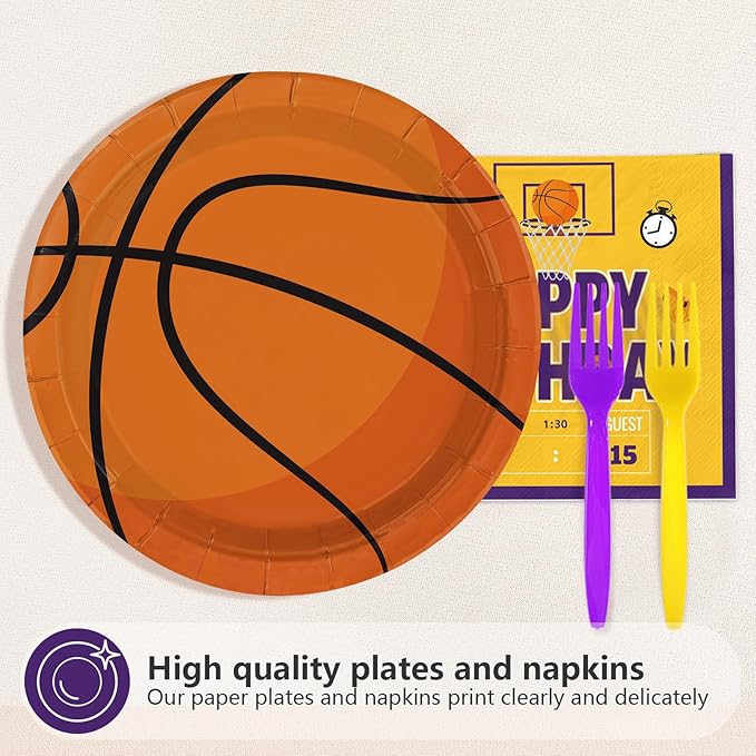 96Pcs Basketball Birthday Party Decorations Sports Themed Plates and Napkins Purple Yellow Basketball Disposable Paper Tableware Set for Kids Boys Men Birthday Party Supplies Serves 24