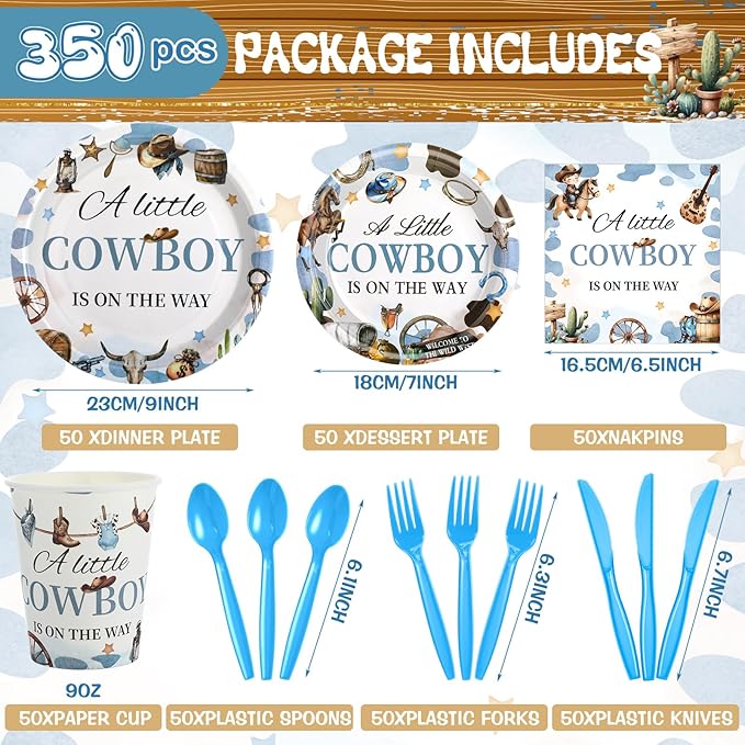 Dandat 350 Pcs Baby Shower Plates Set Baby Shower Party Supplies Serves 50 Tableware Sets Include Plates Napkin Cup Forks Knives Spoons Disposable Dinnerware(Cowboy,Blue)