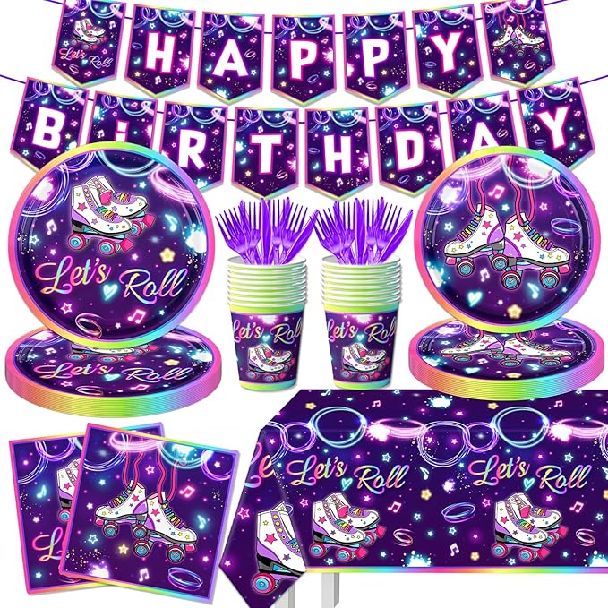Roller Skating Party Supplies,142Pcs Roller Skating Party Decorations Tableware Set Include Plates Napkins Cups Banner Tablecloth for Let's Roll Birthday Birthday Party Decorations, Serve 20