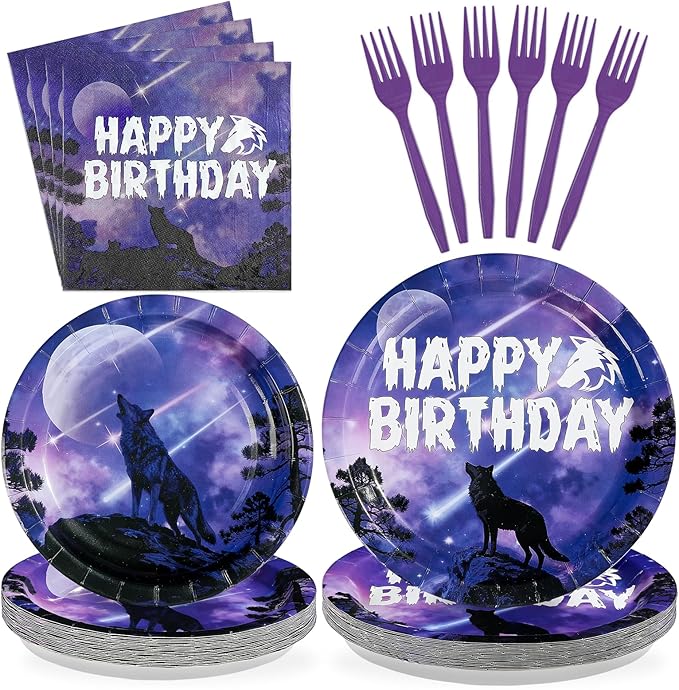 96Pcs Wolf Birthday Party Supplies Galaxy Wolf Plates and Napkins Black Purple Galaxy Disposable Paper Tableware Set for Animal Theme Birthday Outdoor Holiday Party Supplies Serves 24