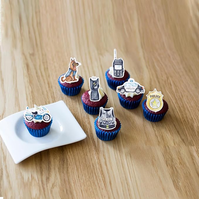 64 Pack Edible Police Cupcake Toppers Wafer Paper Selection Helicopter Car Dog Badge Uniform Gun Cupcake Picks for Police Themed Birthday Party Cake Decoration Supplies