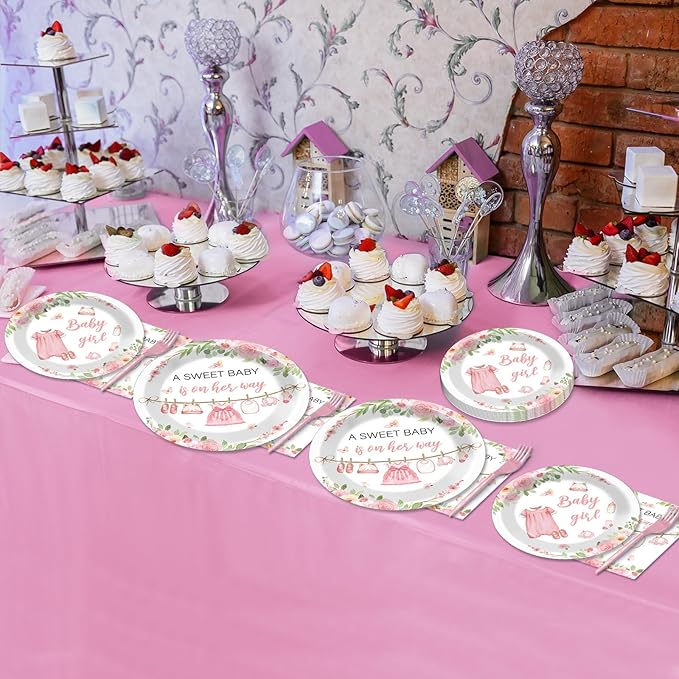 96Pcs Floral Baby Girl Baby Shower Plates and Napkins Decoration Pink Girl Party Tableware Dinnerware Set Rose Gold Paper Plates for Babies Girls Gender Reveal Party Supplies Serves 24 Guests