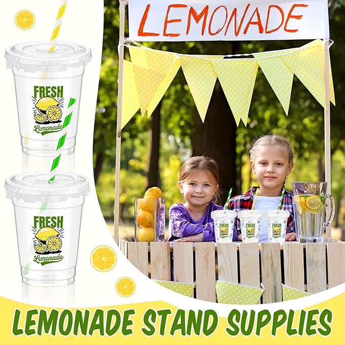 Domensi 50 Sets Lemon Disposable Plastic Cups 12 oz Lemonade Thick Clear Cups with Lids Straws Decoration for Iced Lemonade Juice Water Summer Party Favors Gift