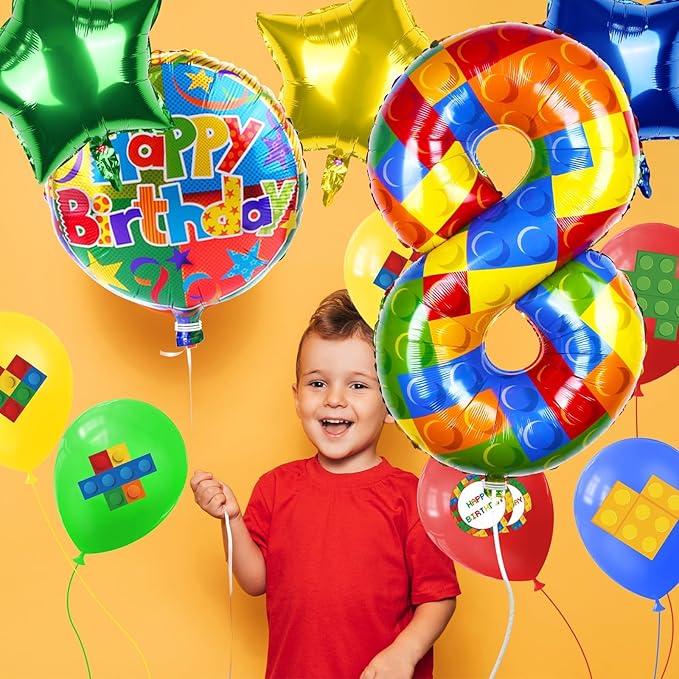 40 Inch Building Block Number Balloon, Colorful Number Block Foil Balloons Large Big Numbers Helium Balloon for Girls Boys 8th Birthday Brick Theme Party Decorations (Number 8)