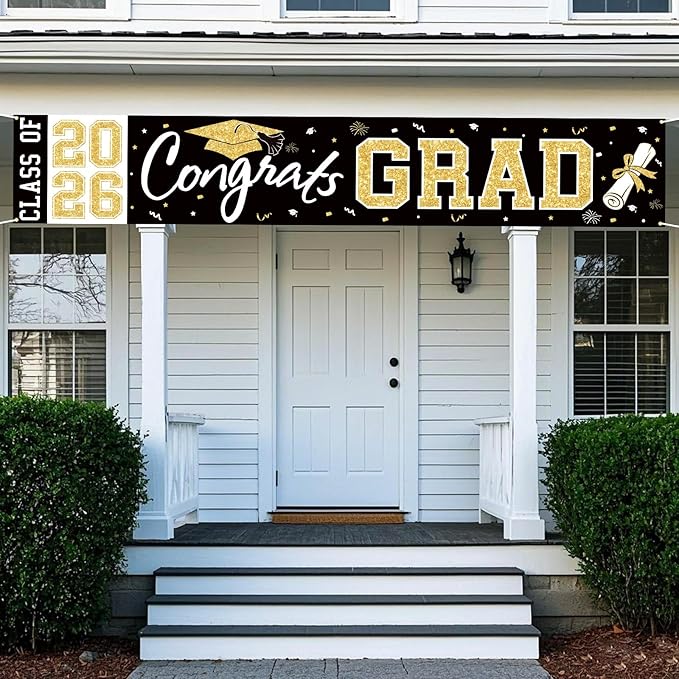 Graduation Banner Class of 2026 - Large Congrats Grad Yard Sign 2026 Black Gold Congrats Grad Banner Fence Yard Sign for Graduation Decorations Party Supplies