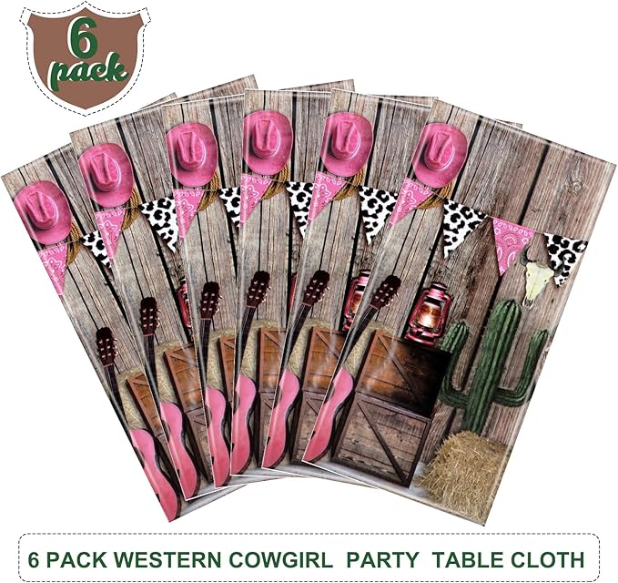 Tiamon 6 Pieces Western Party Tablecloth Cowgirl Table Cover Pink Western Cowgirl Plastic Tablecloth Disposable Wild West Table Cover for Baby Shower Birthday Party Supplies, 54 X108 Inch