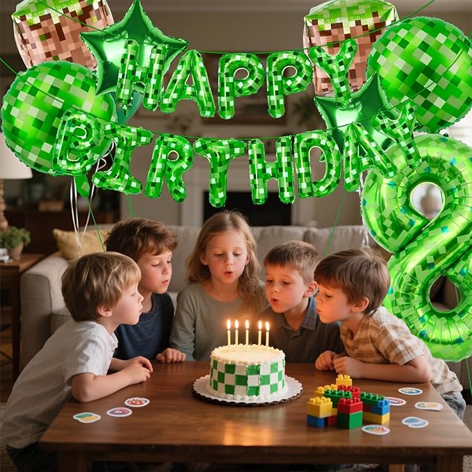 Green Pixel Themed Happy Birthday Banner Party Decorations Set Including 40 Inch Number 8 Foil Balloons, Themed Party Essentials, TNT Pixel Backdrop Supplies for Boys Indoor Outdoor Celebration