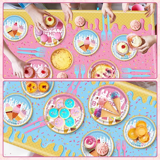 REDWORD Ice Cream Party Supplies, 2PCs Ice Cream Tablecloths Plastic Tablecloth Ideal Table Cover for Icecream Birthday Decoration Summer Themed Parties Girls’ Parties