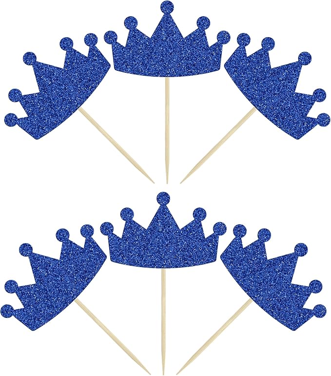 Ephlyn 24Pcs Crown Cupcake Toppers Glitter Queen Crown Cupcake Picks for Queen Princess Theme Baby Shower Girls Wedding Birthday Party Cake Decorations Supplies Dark Blue