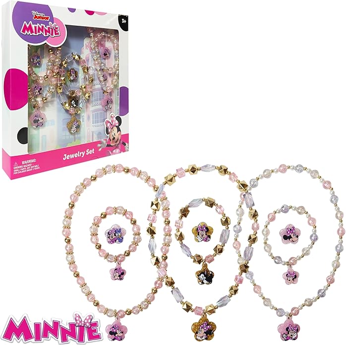 LUV HER Disney Minnie Girls Jewelry Set - Dress up Toy Jewelry Box Sets with Bead Necklace, Bead Bracelet and Ring - Play Accessories - Ages 3+