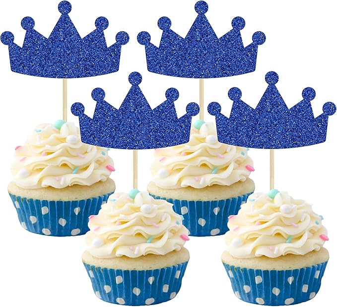 Ephlyn 24Pcs Crown Cupcake Toppers Glitter Queen Crown Cupcake Picks for Queen Princess Theme Baby Shower Girls Wedding Birthday Party Cake Decorations Supplies Dark Blue