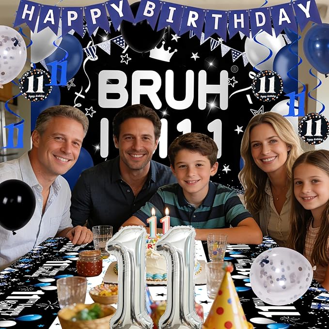 11th Birthday Decorations for Boys & Girls, 54 PCS Blue Black Party Decorations, 11 Year Old Boy Birthday Party Supplie with Banner Backdrop, Hanging Swirls, Tablecloth, Bruh I'm 11 Party Supplies