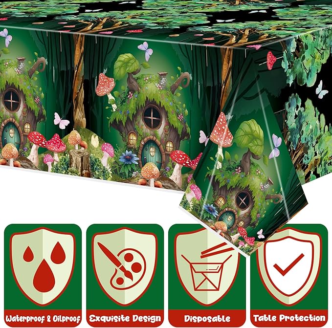 Table Cover Party Decor - 3 Packs Forest Theme Fairy House Disposable Plastic Rectangle Table Cloth Birthday Wedding Baby Shower Holiday Home Party Favors Decorations Supplies 54x108 Inch