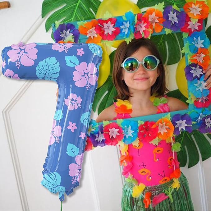 40 Inch Number 7 Balloon Leaf and Flower Birthday，7th Birthday Decorations for Kids' Parties Hawaii Party Supplies Favor Pink and Blue