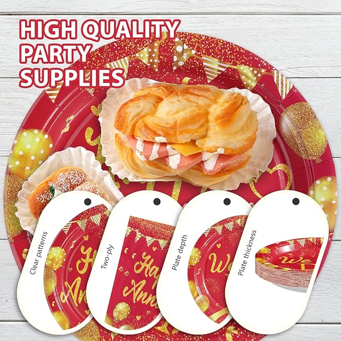 96Pcs Happy Anniversary Party Supplies Red Gold Wedding Plates and Napkins We Still Do Tableware Set for Men Women 40th 50th 60th Wedding Anniversary Party Supplies，Serves 24