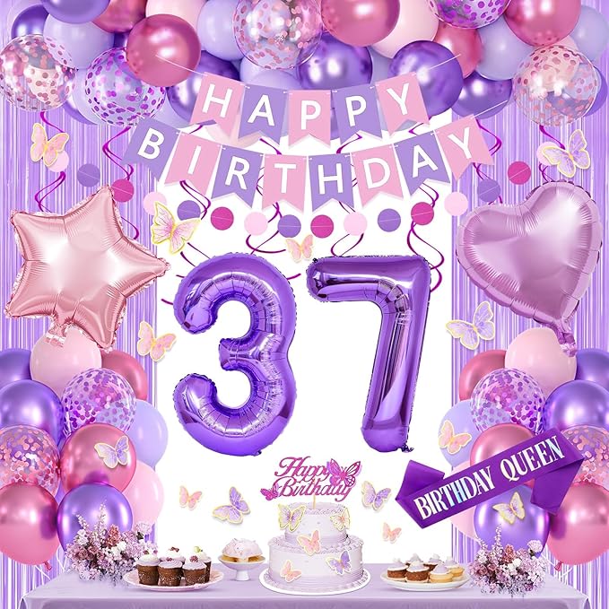 37th Purple Birthday Decorations for Women, Pink and Purple Happy 37 Birthday Party Decorations with Happy Birthday Banner, Number Foil Balloons, Butterfly Cake Topper for 37th Party Supplies