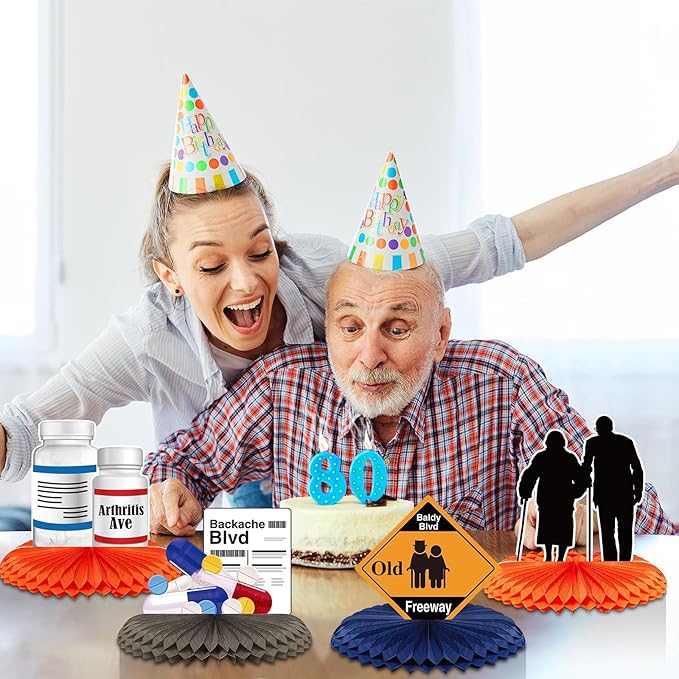 Leinuosen 9 Pcs Over The Hill Party Supplies Old Age Honeycomb Table Centerpieces Over The Hill Birthday Decorations Old People Gag Gifts Table Toppers Centerpiece for Retirement Party Decor