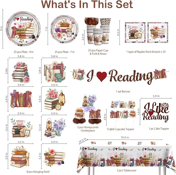 Xynic 177pcs Book Themed Party Decorations Tableware Complete Party Set, Book Club & Book-Themed Birthday Decorations I Like Reading PartySupplies, Serves 25 Guests