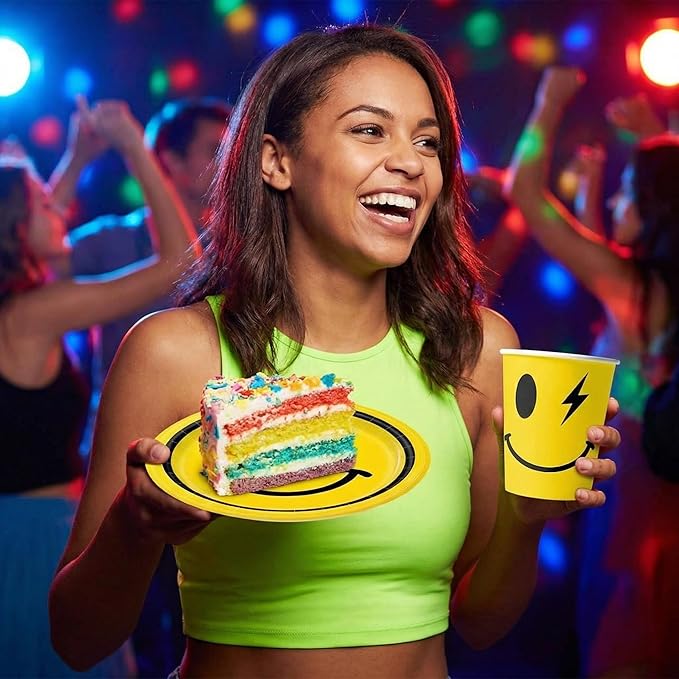 Yellow Smile Face Themed Party Decorations Supplies Happy Smile Face Themed Party Tableware Set Include Plates, Cups, Napkins,Cutlery and Straw for Baby Shower, Birthday Party Decorations Serves 24