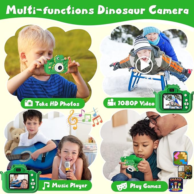 Dinosaur Kids Camera, HD Selfie Toddler Camera, Christmas Birthday Toys for Boys Girls Age 3-12 Years, Kid Digital Camera with 32GB Card, Dinosaur Toys for Kids 3 4 5 6 7 8 Years Old Gifts(Green)