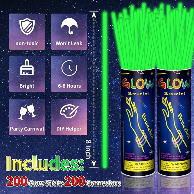 200 Pack 8'' Glow Sticks Bulk Party Favors Green Light Up Sticks with Connectors Neon Glow in the Dark Party Supplies Bracelets for Holiday Birthday Party Decoration(Green)