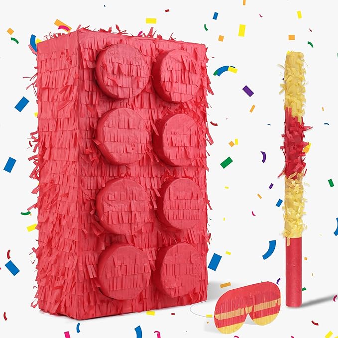 Block Pinata Bundle with a Blindfold and Bat(17 x 11 x 4 Inches), Perfect for Birthday Party Supplies, Building Blocks Theme Birthday, Decoration