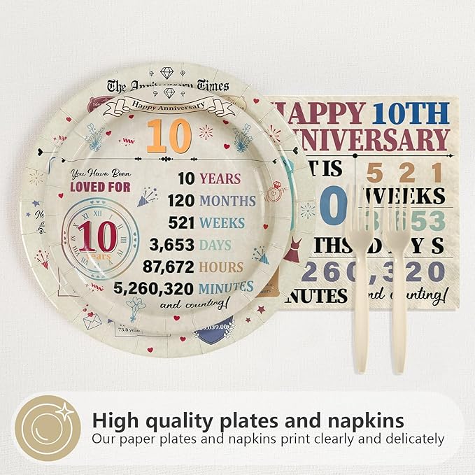 96Pcs 10th Anniversary Party Decorations Retro 10 Years Wedding Aday Plates and Napkins Happy 10th Anniversary Disposable Tableware Set for Vintage 10 Year Wedding Party Supplies Serves 24