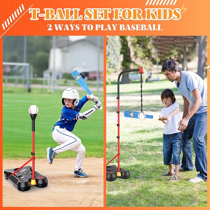 4 in 1 Kids Basketball Hoop and T Ball Set for Toddlers 3-5, Adjustable Height Toddler Basketball Hoop with Baseball, Indoor Outdoor Sport Gifts Christmas Toys for Boys Girls 3-8