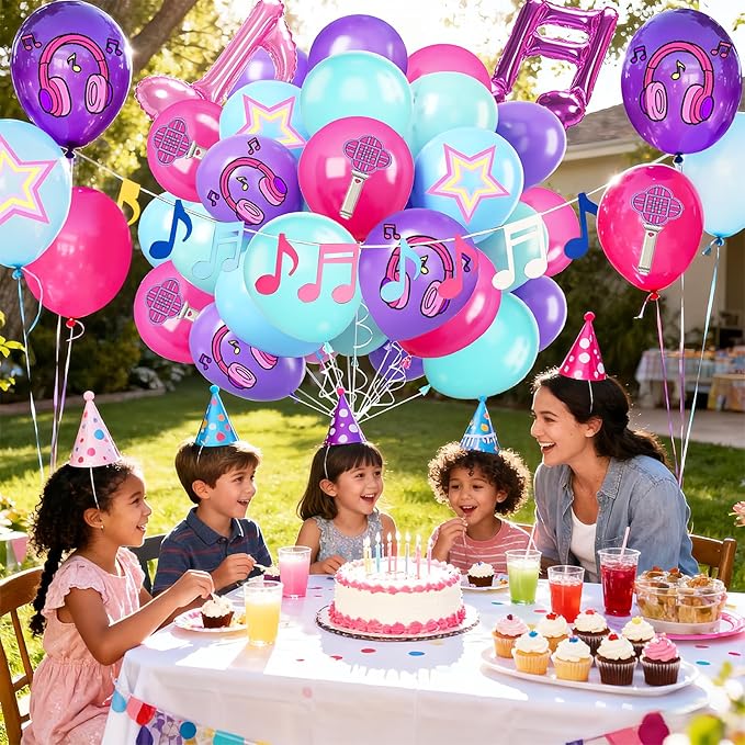 Purple Blue Pink Balloon 52pcs 12 Inch, Cute Musical Symbols Print Balloons For Cartoon Magical Music Themed Birthday Party Decorations Boys Girls Gatherings Party Supplies