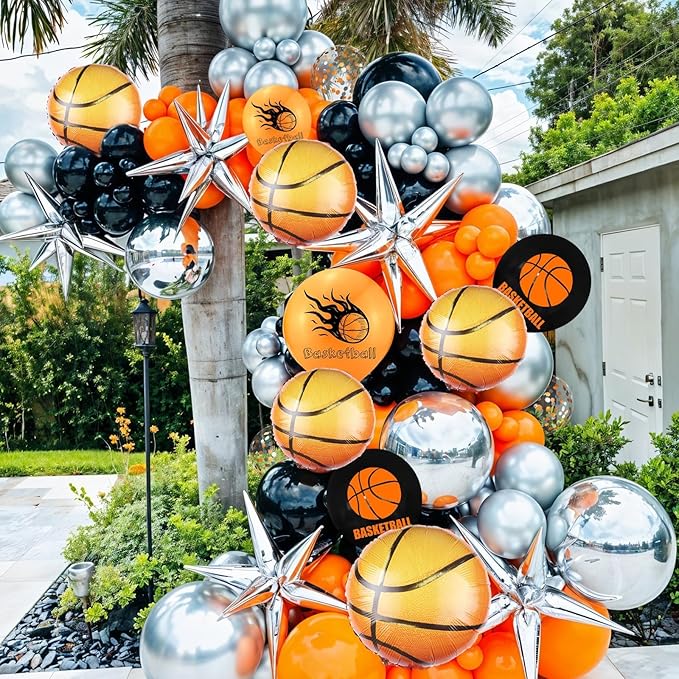 Basketball Balloons, Orange Black Metallic Silver Confetti Balloons with Basketball Foil Balloon for Boy Birthday Sport Party Graduation Baby Shower Backdrop