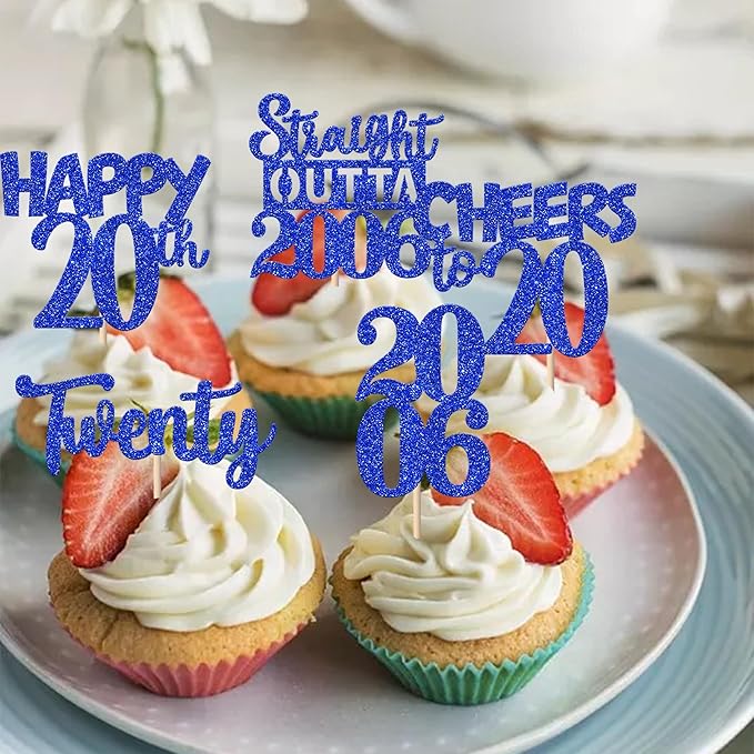 30 PCS 20th Birthday Cupcake Toppers Glitter Twenty Happy 20 Straight Outta 2006 Cupcake Picks for Cheers to 20 Fabulous 20th Birthday Anniversary Party Cake Decorations Supplier Blue