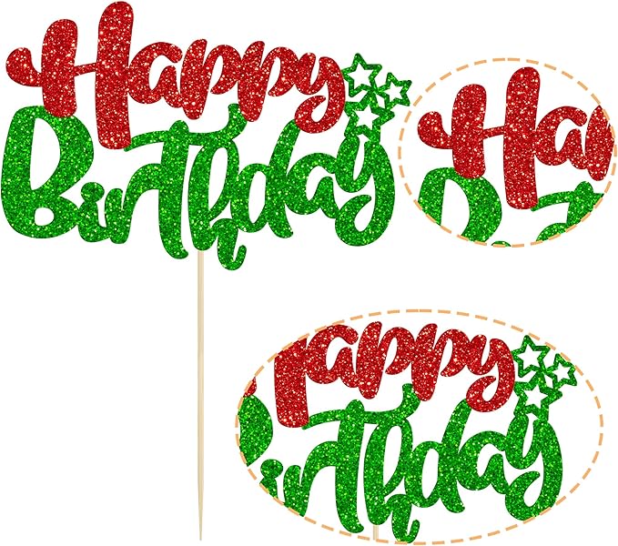 Ephlyn 1Pcs Happy Birthday Cake Topper Glitter Happy Birthday Cake Pick for Christmas Theme Baby Shower Anniversary Party Decorations Supplies Red Green