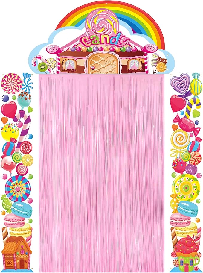 Crenics Candyland Party Decorations, 3Pcs Candyland Door Covers with Foil Fringe Curtain for Kids Candy Land Party Supplies