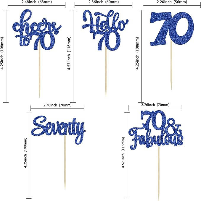 30Pcs Happy 70th Birthday Cupcake Toppers Seventy Cheers to 70 Years Old Birthday Cupcake Picks for 70th Birthday Anniversary Party Cake Decorations Supplies Deep Blue Glitter