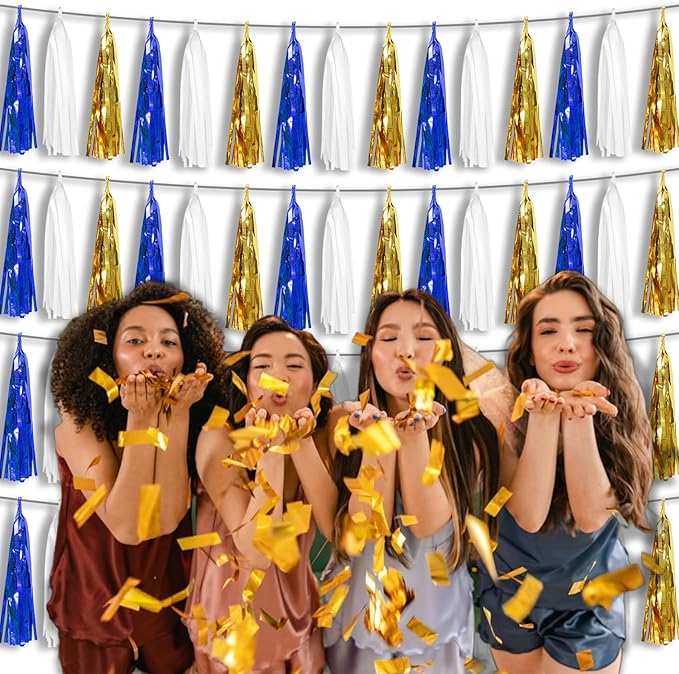4 Pack Navy-Blue White and Gold Foil Fringe Tassel Banner Garland Metallic Tinsel Streamers Wall Hanging Curtain Backdrop Banners for Parade Floats, 2025 Graduation, Retirement Party Decoratio