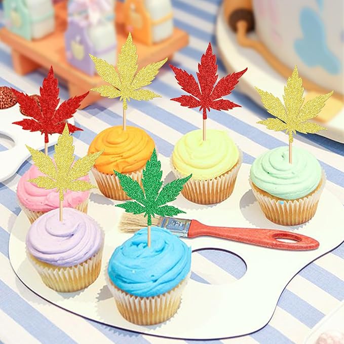 Ercadio 24 Pcs Green Red Glitter Marijuana Cupcake Topper Have a Dope Theme Decor Supplies Man Woman Happy Birthday Party Decorations Supplies