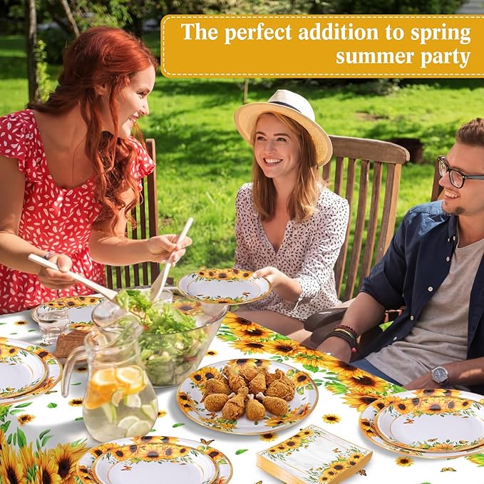 Zhehao 101 Pcs Sunflower Party Tableware Set Yellow Floral Party Supplies Includes 50 Paper Plates, 50 Napkins and 1 Tablecloth for Birthday Wedding Bridal Shower Baby Shower Decorations