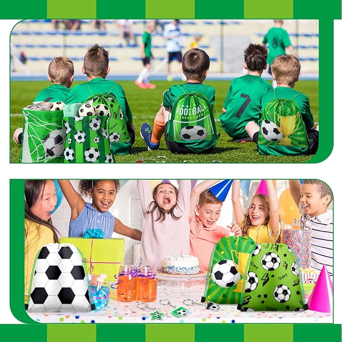 Talltalk 48 Pcs Soccer Party Favors Gifts Sets Kids Soccer Team Gifts 16 Sets Green Drawstring Backpack Goodie Bags Stuffers Candy Snack Bag Wristband Keychains for Sport Birthday Party Supplies Decor