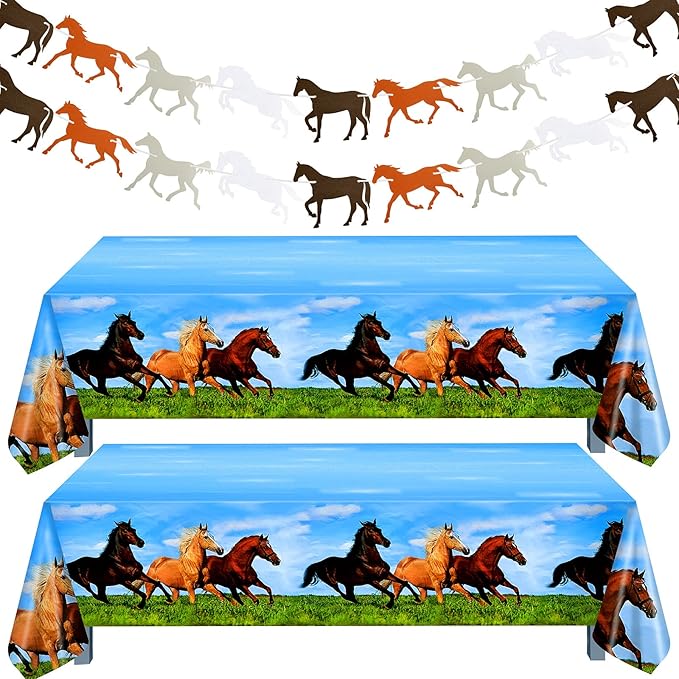Outus Horse Party Decorations - 4 Pieces Supplies Including 2 Plastic Tablecloths and 2 Horse Garland Paper Banners for Themed Party Racing Activity