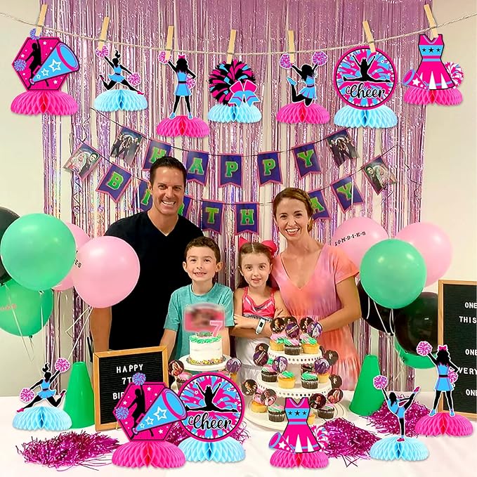 JOYMEMO 8 Pieces Cheerleading Honeycomb Centerpieces Hot Pink Blue - Cheerleading Themed Party Decorations Rose Red, Cheerleader Table Decor for Cheer Gymnastics Birthday Party Supplies